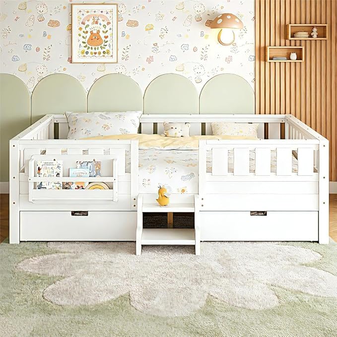 Bellemave Queen Bed with Storage Drawers & Bookshelf, Low Profile Kids Bed Frame with Staircase & Full Length Guardrails, Solid Wood Queen Bed for Kids with Slats Load 550LBS, Easy Assembly, White