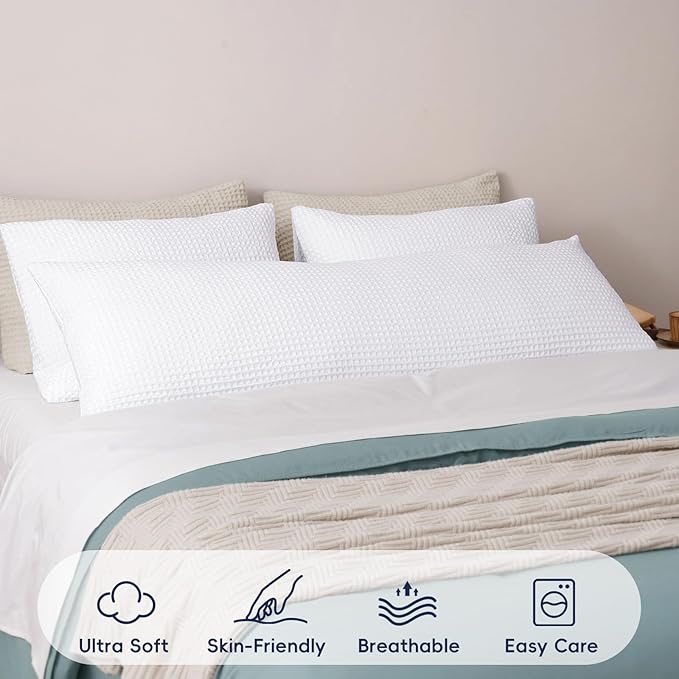 PHF Ultra Soft Waffle Weave Body Pillowcase with Zipper, No Insert, 1Pack 20" x 54" Pillow Sham, Breathable & Skin-Friendly Body Pillow case, Stylish Decorative Bed Pillow Cover, White