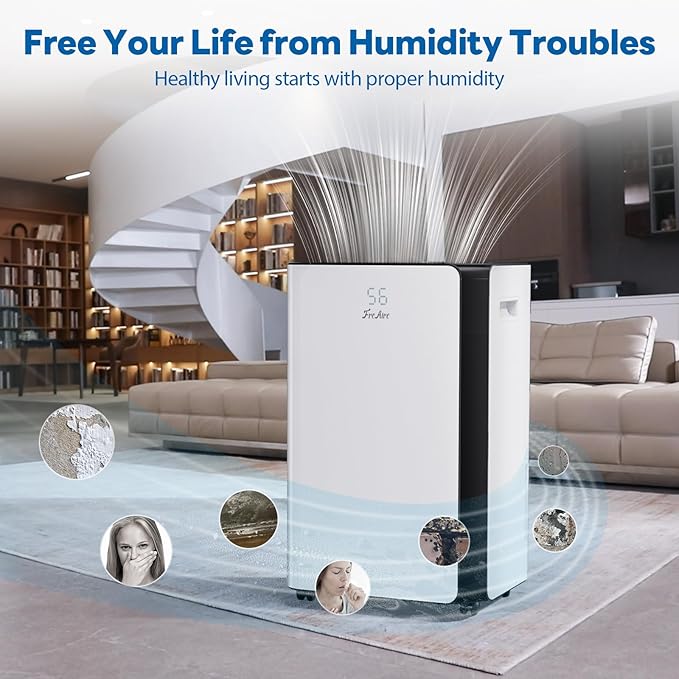 FreAire 54Pint Dehumidifier for 4500Sq.Ft, Compressor Dehumidifiers for Home, Front Humidity Value Display&Quiet Dehumidifier for Basement, Bedroom, Bathroom, with Drain Hose, 1.13 Gallon Water Tank