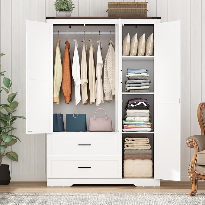 Hlivelood 3 Doors Wardrobe Armoire Closet with Doors and Drawers, Farmhouse Wooden Armoire Storage Cabinet with Shelves & Hanging Rod for Bedroom, White