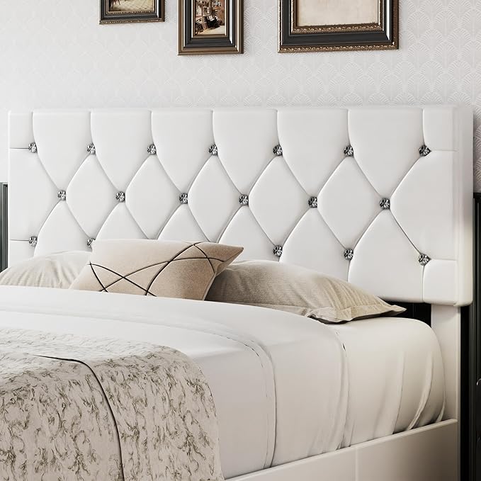 VECELO Queen Size Bed Frame with 3 Storage Drawers, Leather Upholstered with Diamond Tufted Headboard, Solid Wood Slat Support & Steel Framework, PU & White