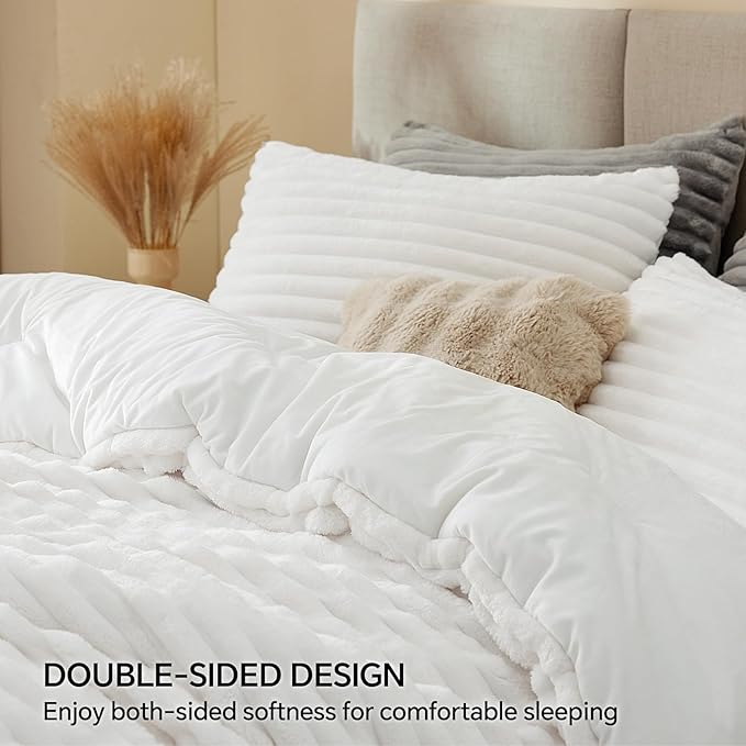 BEDELITE Fleece Full Comforter Set -Super Soft & Warm Fluffy Bright White Bedding, Luxury Fuzzy Heavy Bed Set for Winter with 2 Pillow Cases