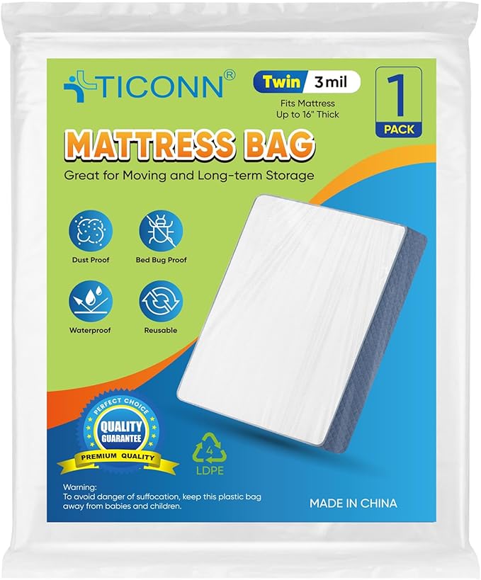 TICONN 1PK Plastic Mattress Bag for Moving Storage, Waterproof Mattress Protector Cover, Heavy-Duty Mattress Moving Supplies (3 mil, Twin)
