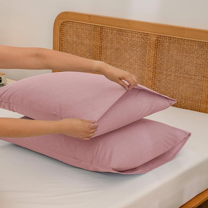 BESTOUCH 100% Washed Cotton Pillowcase for Hair and Skin Linen Feel Soft Comfortable Breathable 2 Set Pillow Case with Envelope Closure Solid Red Pink King 20x36 Inches