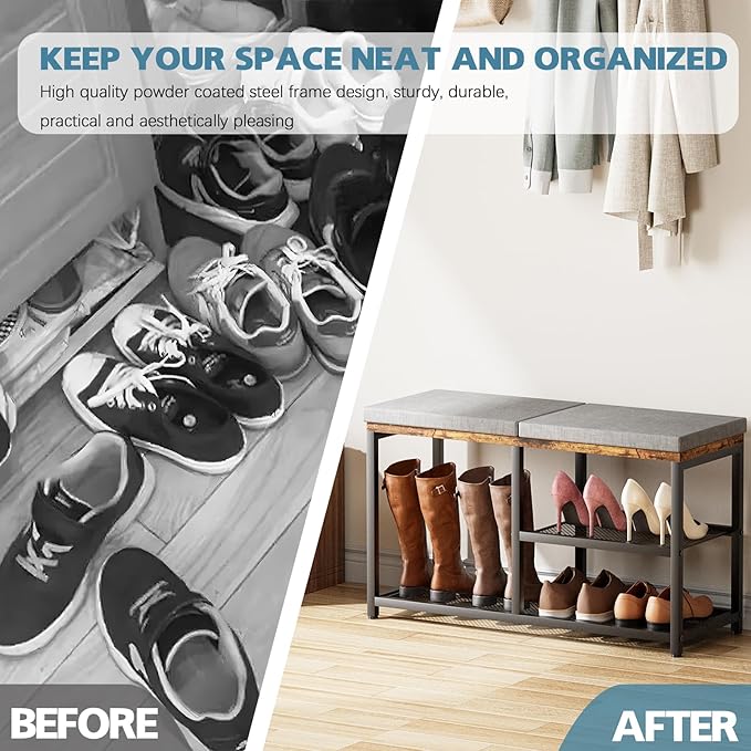 Shoe Rack for Entryway, Freestanding Hidden Shoe Storage Organizer, Boot Shoe Bench Shelves for High Heels with Seat cushion, Narrow Wood Shoe Rack for Entrance Closet, Hallway, 3 Tier (Gray+Black)
