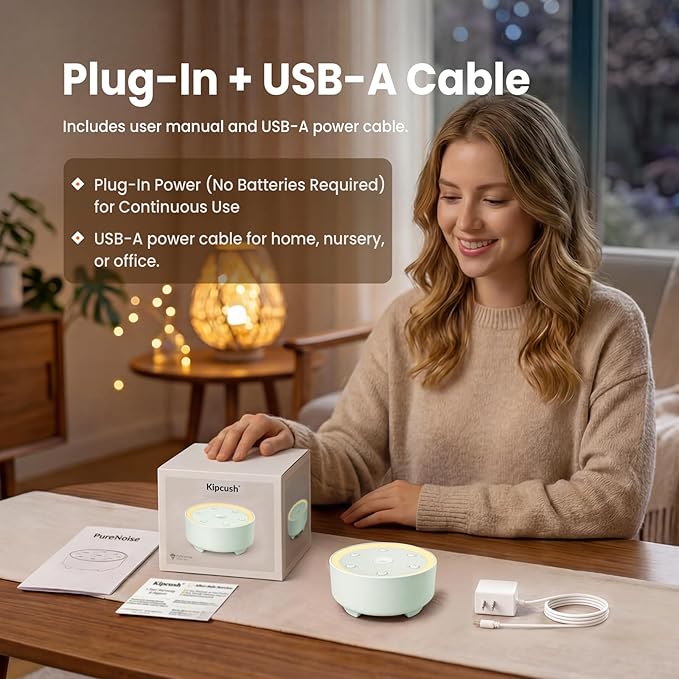 Kipcush Sleep Sound Machine - 21 High-Fidelity Non-Looping Sounds, Portable White Noise Machine for Baby, Kids & Adults, Dimmable Night Light, 6 Auto-Off Timers, USB Powered for Travel, Home & Office