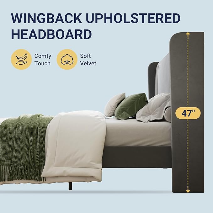 Allewie Queen Size Velvet Platform Bed Frame with Vertical Tufted Wingback Headboard, Easy Assembly, Under Bed Storage, No Box Spring Required, Modern Style, Grey