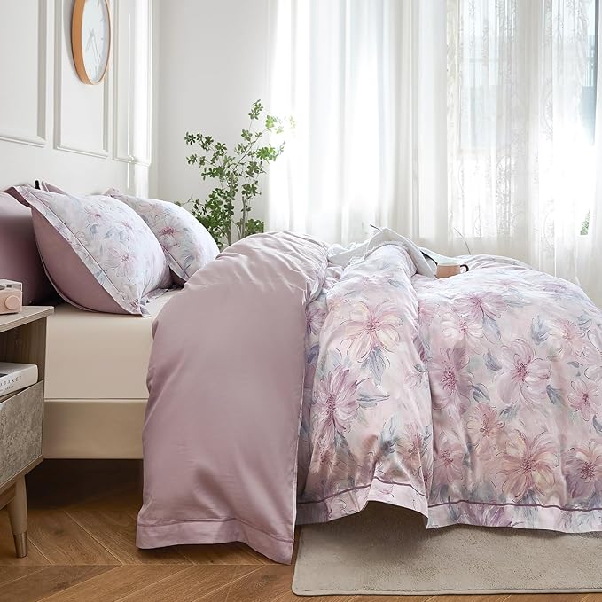 OAITE Duvet Cover Set Twin Size Floral Pattern 600 Thread Count Ultra Soft 100% Long Staple Cotton Duvet Cover Sets 3-PC, Breathable Duvet Cover with Zipper Closure & Corner Ties