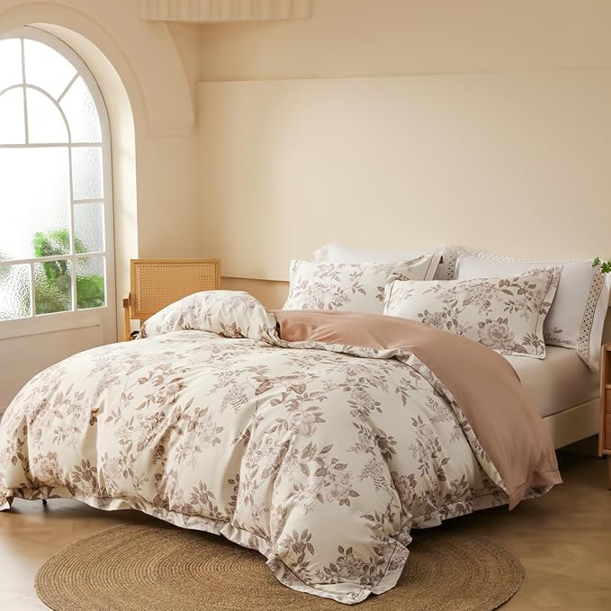 Duvet Cover Set Queen Size Floral Pattern 600 Thread Count Ultra Soft 100% Long Staple Cotton Duvet Cover Sets 3-PC, Breathable Duvet Cover with Zipper Closure & Corner Ties