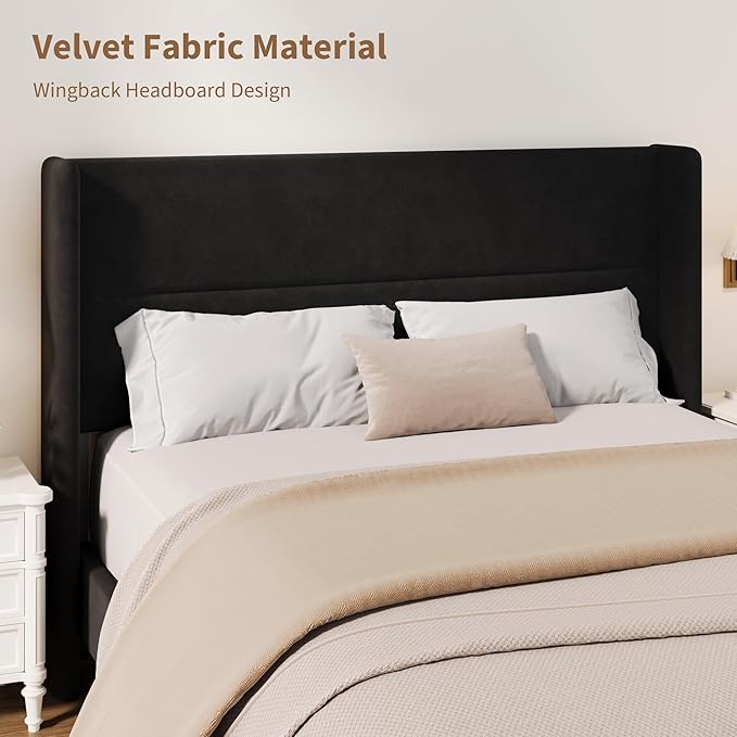 Garvee Full Size Bed Frame with Wingback Headboard, Velvet Upholstered Platform Bedframe with Wood Slats, No Box Spring Needed, Easy Assembly, Black