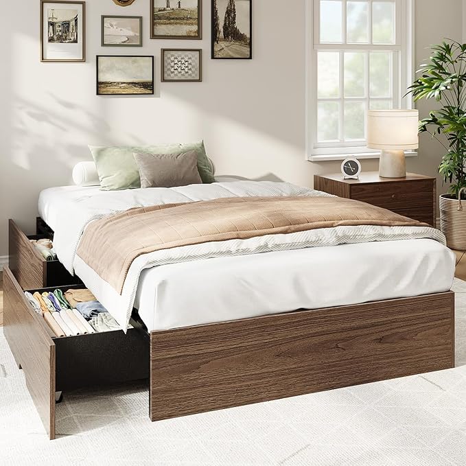 IDEALHOUSE Twin Bed Frame with 2 Storage Drawers, Wooden Bed Frame Without Headboard, Minimalist Floor Platform Bed, Wood Slat Support, Noise Free, No Box Spring Needed, Easy Assembly