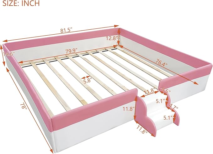 Merax King Size Kids Floor Bed, Daybed Frame with Fence and Stairs, White+Pink Upholstered Wood Bed for Living Room