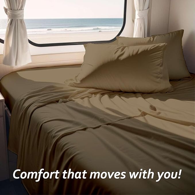 Short Queen RV Camper Sheet Set (60x75) – 100% Egyptian Cotton, Soft & Cooling, 16” Deep Pocket Fitted Sheet, Luxury Hotel Quality Bedding for RVs, Campers & Motorhomes (Taupe Solid)