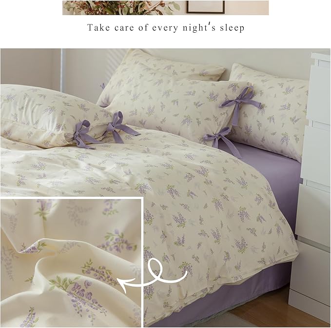 VM VOUGEMARKET Purple Flower Duvet Cover Set Full 3 Pieces Cream Duvet Cover with Bow Ties,Cottagecore Bedding Set 100% Cotton Vintage Country Comforter Cover for Teens Girls Without Filling-80 x90