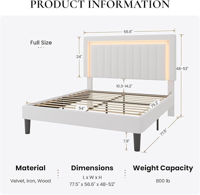 SHA CERLIN Full Size Velvet Bed Frame with LED Light, Adjustable Vertical Channel Tufted Headboard, Strong Wooden Slats Support, Noise-Free, No Box Spring Needed, White
