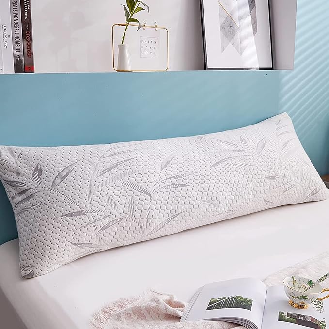 WhatsBedding Memory Foam Body Pillow for Adults with Zipperd Rayon Derived from Bamboo Cover, Breathable Long Pillow for Side Sleeper, Shredded Memory Foam Stuffing, Grey Leaf