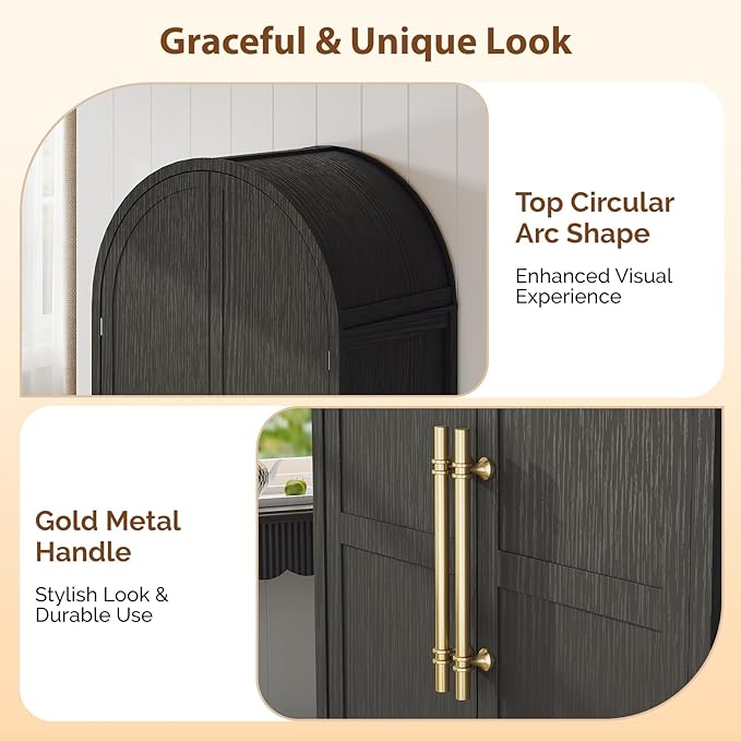 VINGLI Arched Wardrobe Closet Armoire with Doors and Drawer, 70" Tall Wooden Wardrobe Cabinet,Clothing Storage Cabinet, Large Capacity Storage, Black