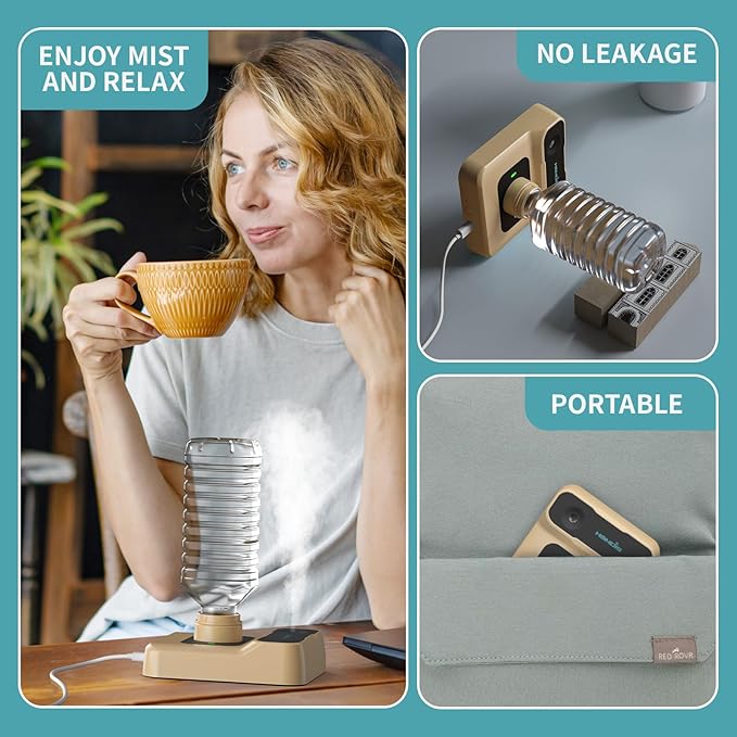 Portable Humidifiers for Travel, Small Mini Humidifier with Auto Shut-Off, Nightlight and Storage Bag for Hotel, Bedroom or Office, Plant Humidifier Indoor, Khaki