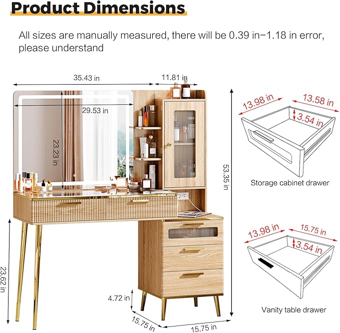 Arulvmrn Vanity Desk with Mirror and Lights, with Power Outlet and 10 Lights Modern Capacity Makeup Vanity with 3 Drawers, Makeup Table for Bedroom,Makeup Room,White
