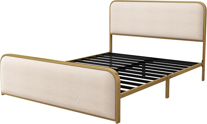 Merax Metal Platform Bed Queen Size with Curved Upholstered Headboard and Footboard, Queen Bed Frame with Storage Space Under Bed, Heavy Duty Metal Slats, No Box Spring Needed, Gold+Beige
