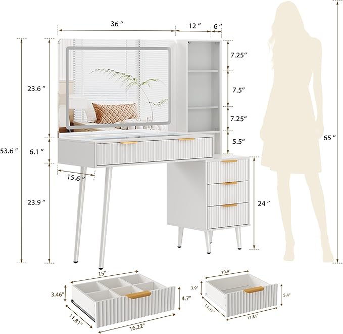 Garvee 48" Fluted Makeup Vanity Desk with Mirror and Lights, Glass Top Vanity Table with 5 Drawers, Open Shelf and Power Outlet, Modern Dressing Table for Bedroom and Living Room