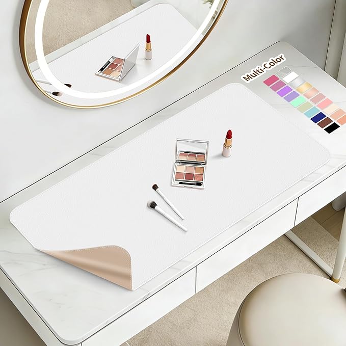 Makeup Mat for Vanity to Protect Desk Top 15.7 x 11.8in, Dual-Sided Makeup Mat, Easy to Clean Desk Pad - Waterproof and Oilproof Vanity Accessories (White and Khaki)