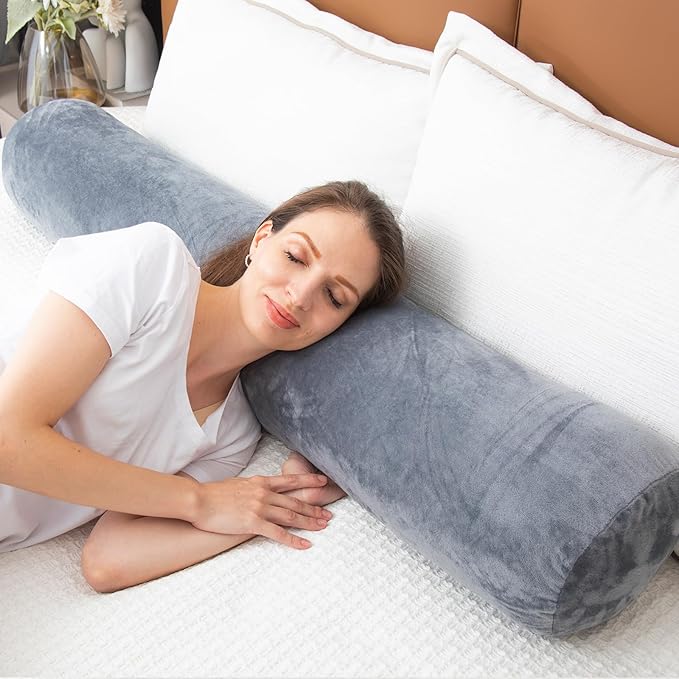 1 MIDDLE ONE Body Pillow, Memory Foam Round Body Pillows for Adults, Firm Long Bolster Pillow for Bed, Cylinder Tube Roll Pillow with Velvet Cover, 47x7.87 Inches, Grey