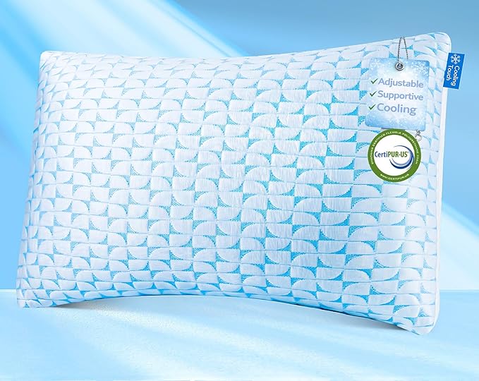 QUTOOL Firm Pillow Shredded Memory Foam, Cooling Pillow for Hot Sleeper, Adjustable Bed Pillow for Side Back Stomach Sleepers, Washable Cover, CertiPUR-US Certified, Standard Size