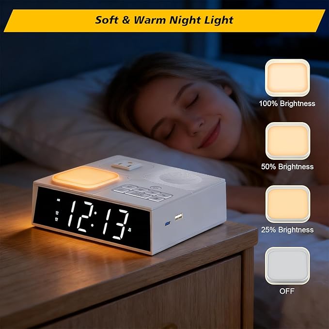 Kungfuking Sound Machine Alarm Clock with 41 White Noise Sounds, 2 USB Chargers Power Strip, Large Dimmable Display Dual Timer Clocks for Bedroom Dorm Hotel Room