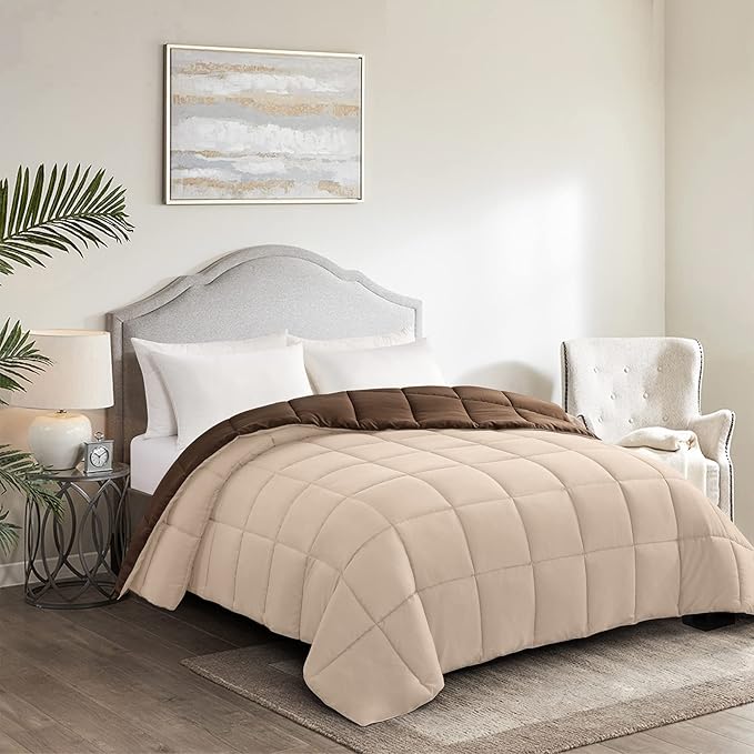 Homelike Moment Oversized Queen Comforter - Brown Duvet Insert Down Alternative Bed Comforter, Lightweight Bedding Comforters Oversize Queen Quilted Soft All Season Reversible Chocolate Brown/Beige