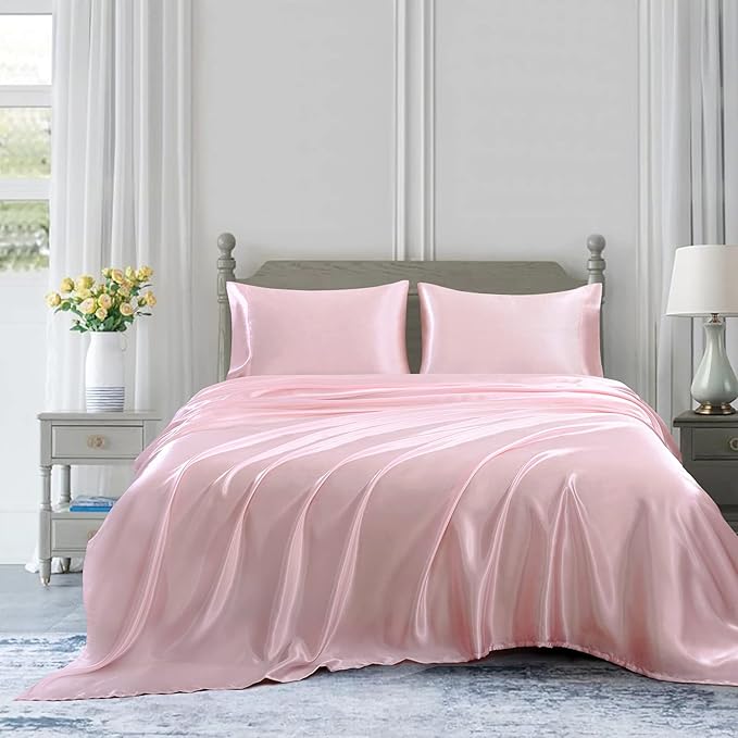 Homiest 4pcs Satin Sheets Set Luxury Silky Satin Bedding Set with Deep Pocket, 1 Fitted Sheet + 1 Flat Sheet + 2 Pillowcases (Cal King Size, Blush Pink)