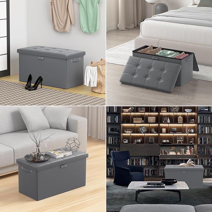 DocSafe Storage Ottoman Bench with Lock,Fireproof 30 Inches Folding Bench Foot Rest Stool Storage Chest Safe for Living Room,Bedroom,Home Office,Waterproof Leather Ottoman with Handles,Gray
