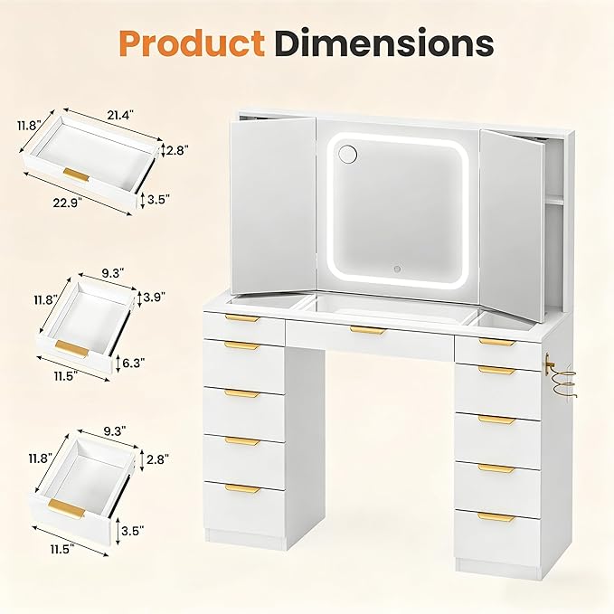 Pamapic Glass Top Vanity Desk with Foldable Mirror, 11 Drawers Makeup Vanity with LED Lighted Mirror, Power Outlet, 3 Lighting Modes Dressing Table with Golden Handles, White