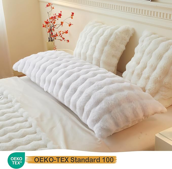 LIFEREVO Fluffy Faux Rabbit Fur Body Pillow Cover, Luxury Bubble Waffle Shaggy Plush Bed Body Pillowcase with Zipper Closure, Long 20"x54" Fuzzy Furry Pillow Case for Adults Kids Girls Teens, White