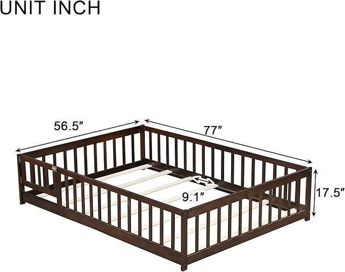 Bellemave Full Size Montessori Floor Bed Frame with Rails & Door, Solid Wood Kids Floor Bed Full with Removable Slats, Low Profile Montessori Bed for Children’s Sleep & Play, Espresso