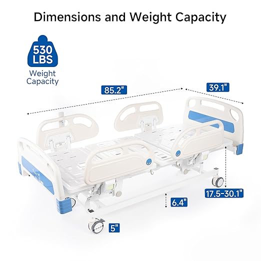Real Relax 5 Function Full Electric Hospital Bed, Premium Hospital Bed, 4" Foam Mattress, 5" Locking Casters, IV Pole, for Home Use, Hospital ICU Bed, 530LBS Load Bearing, Includes Sheets (2X)
