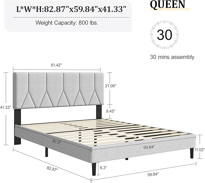 Queen Bed Frame, Padded Platform Bed Frame with Fabric Headboard, Vertical Quilted Design, Sturdy Slatted Mattress Base, No Spring Mattress Required, Easy to Assemble, Light Gray