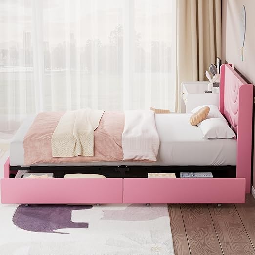 VECELO Full Bed Frame Upholstered Platform with 4 Drawers&Fabric Headboard,Wooden Slats Support/No Box Spring Needed/Mattress Foundation,Pink