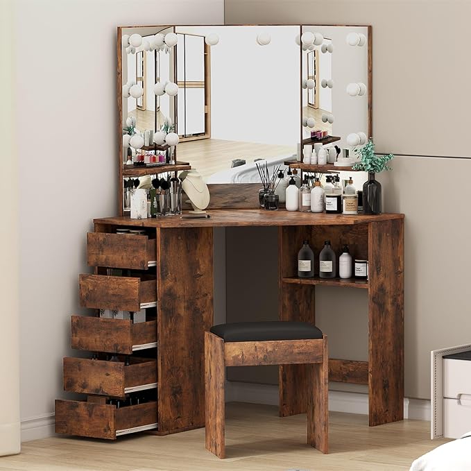 Garvee Corner Vanity Desk and Bench, Makeup Vanity Table with 3-Folding Lighted Mirrors, Charging Station, 5 Drawers for Bedroom