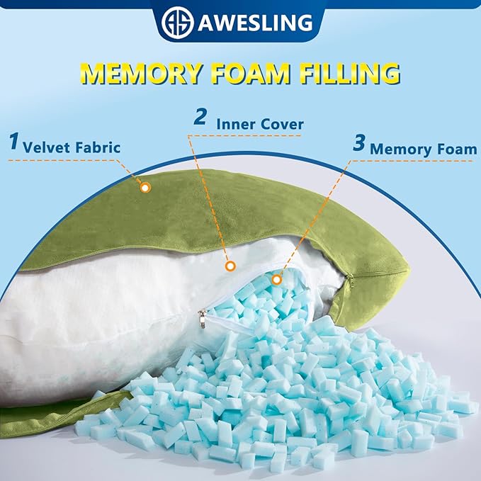 Shredded Memory Foam Body Pillow, Pregnancy Pillows for Sleeping, Maternity Pillow for Pregnant Women, Memory Foam Filling U Shaped Body Pillow with Velvet Cover (Green, 60 inch)