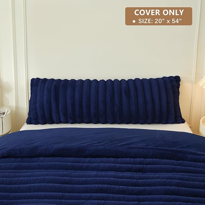 MEGO Fluffy Faux Rabbit Fur Body Pillow Cover, Luxury Plush Fuzzy Striped 20x54 Bed Body Pillowcase, Shaggy Furry Ribbed Bedroom Long Pillow Case with Zipper for Pregnant Women Side Sleeper, Navy Blue