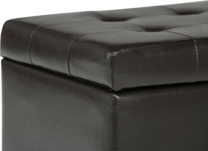 SIMPLIHOME Cosmopolitan Storage Ottoman - 34 inch Wide Upholstered Vegan Leather Rectangle Storage Ottoman Bench in Tanners Brown, Transitional Tufted Ottoman for Living Room with Lift-Up Lid