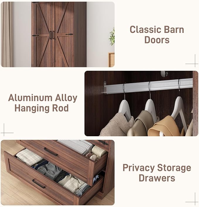 Hlivelood 2 Doors Wardrobe Armoire Closet with Doors and Drawers, Farmhouse Wooden Armoire Storage Cabinet with Shelves & Hanging Rod for Bedroom, Brown