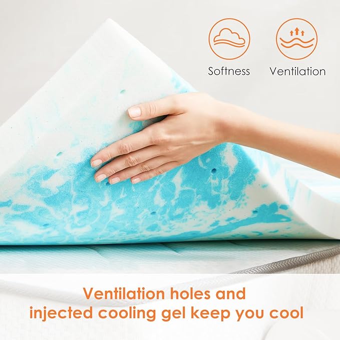 Sweetcrispy Mattress Topper King, 2 Inch Thick Memory Foam Gel Infused Cooling Toppers Pad for King Size Bed, Sleeper Sofa, RV, Camper, CertiPUR US Certified, Ventilated and Breathable