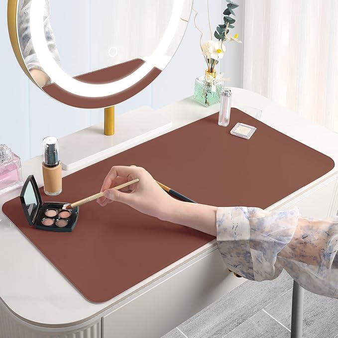 Makeup Mat for Vanity to Protect Desk Top 23.6 x 11.8 in, Dual-Sided Makeup Mat, Easy to Clean Desk Pad - Waterproof and Oilproof Vanity Accessories (Brown and Grey)