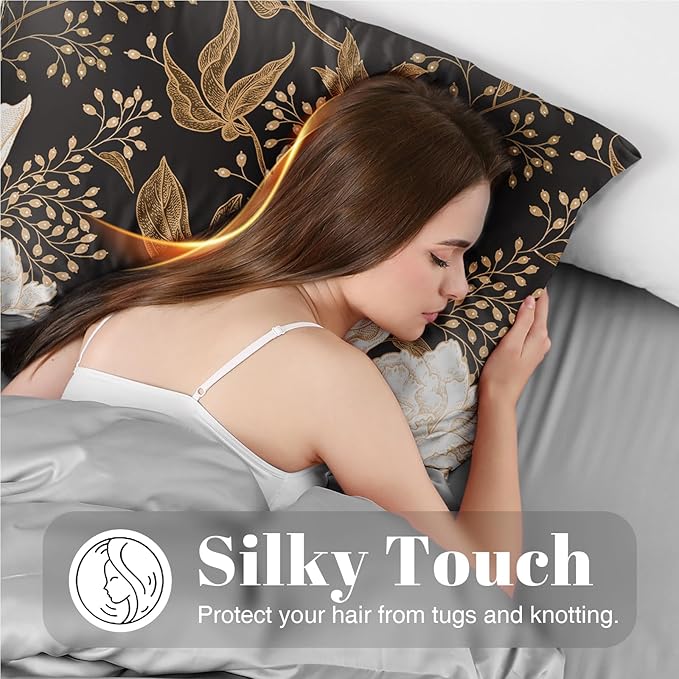 EXQ Home Satin Pillowcase for Hair and Skin Queen - Peony Printed Silk Pillowcase 20x54 inches - Body Satin Pillow Cases with Envelope Closure, Gifts for Women
