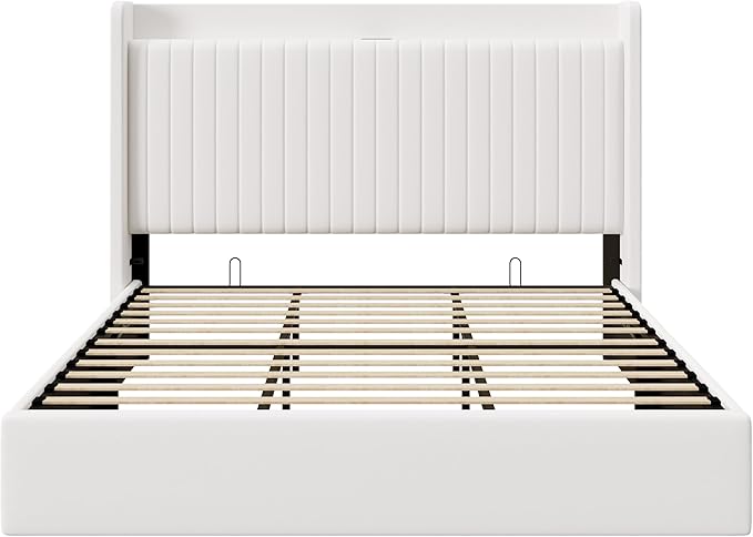 Allewie King Size Lift Up Storage Bed Frame,Storage Shelf Headboard with Charging Station,Type-C and USB Ports,Hydraulic Support,Velvet Upholstered Bed Frame,No Box Spring Needed,White