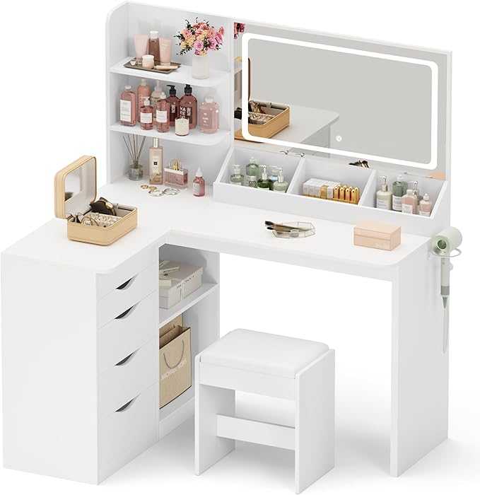 Furmax Vanity Desk with Mirror, L Shape Vanity, LED Lighted Mirror, with Power Outlet and 3 Storage Shelves, Makeup Table with 5 Drawers, 3 Color Modes, for Bedroom(White)