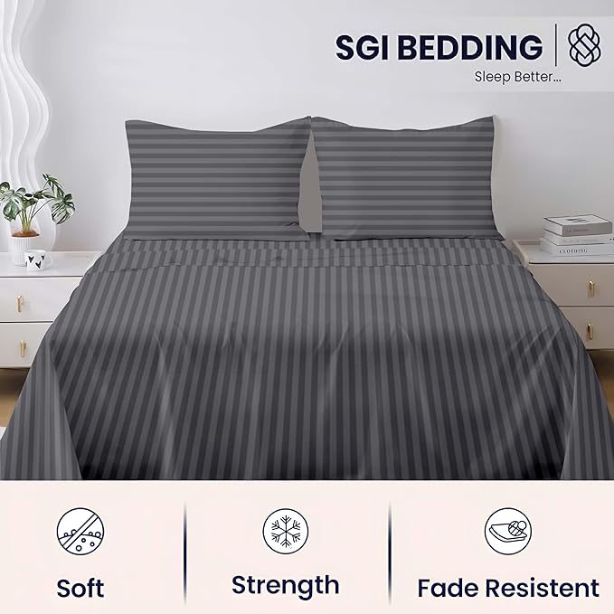 SGI bedding 100% Egyptian Cotton Sheets Twin XL Size – 600 Thread Count Sheets Set, Soft, Cooling, 15" Deep Pocket, Luxury Hotel Bedding, Breathable, Durable - Dark Grey Stripe