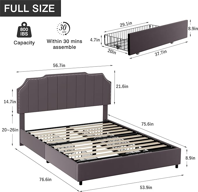 VECELO Queen Upholstered Platform Bed Frame with 4 Storage Drawers,Velvet Vintage Queen Bed with Nailhead Trim,Tufted Height Adjustable Headboard,Wooden Slats/No Box Spring Needed/Easy Assembly